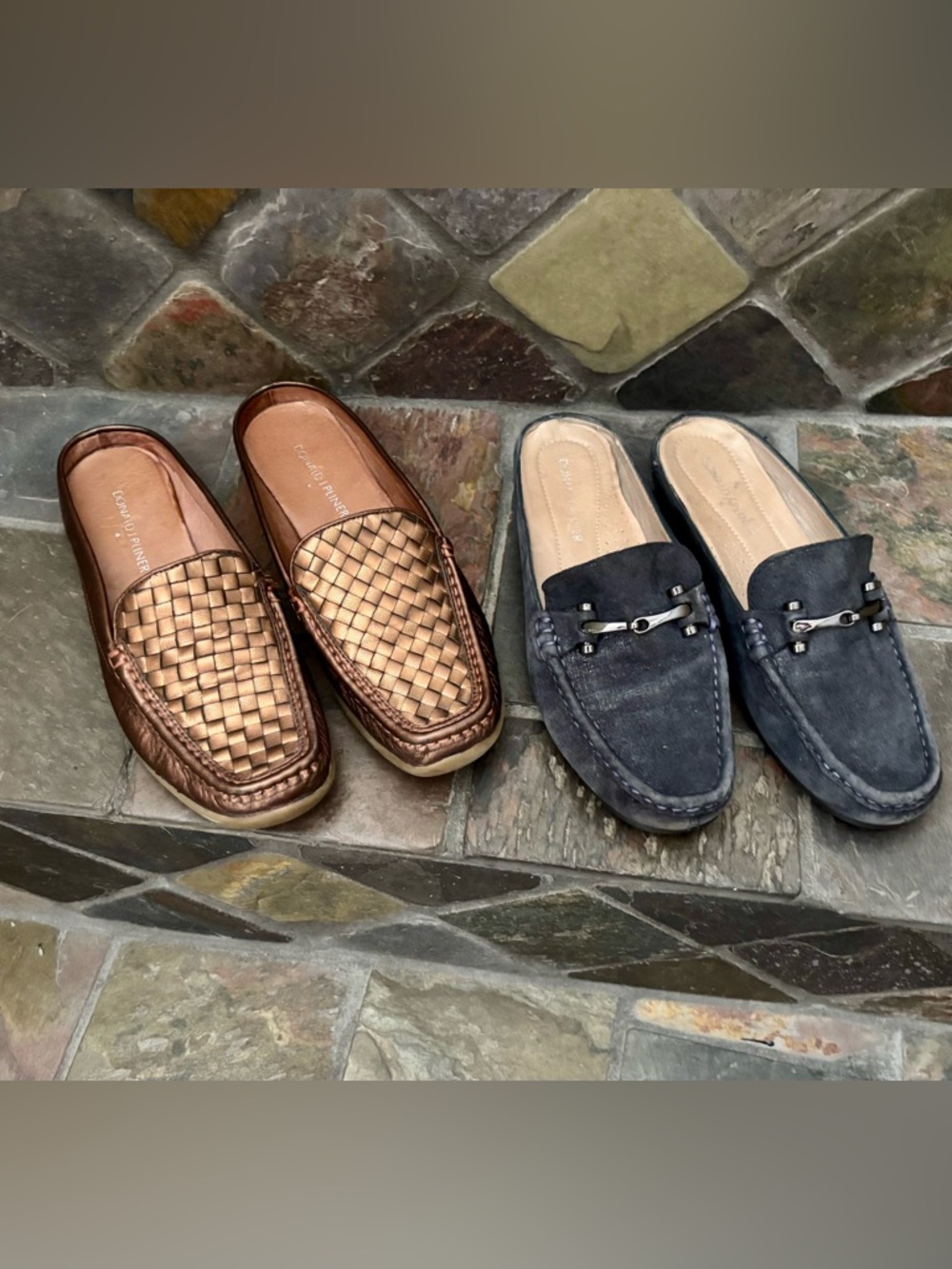 Donald J. Pliner Two-Pair Mules Leather Slides— Bronze Woven& Slate Blue Loafer - Picture 3 of 6